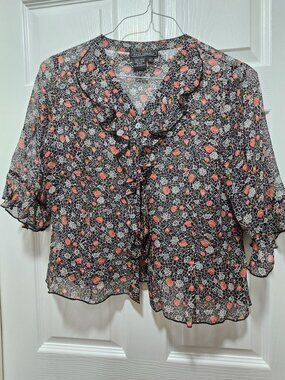 Tess Studio Floral 100% Silk Blouse Top 12 Ruffle Boxy Button Up